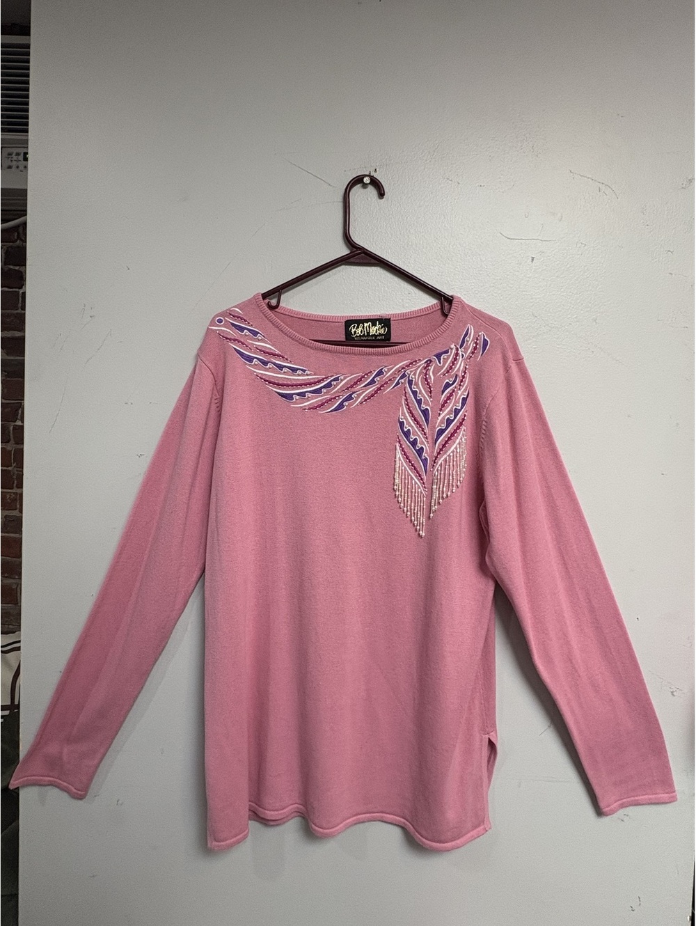 Bob Mackie Wearable Art Pink Embroidered Long Sleeve Sweater Size L